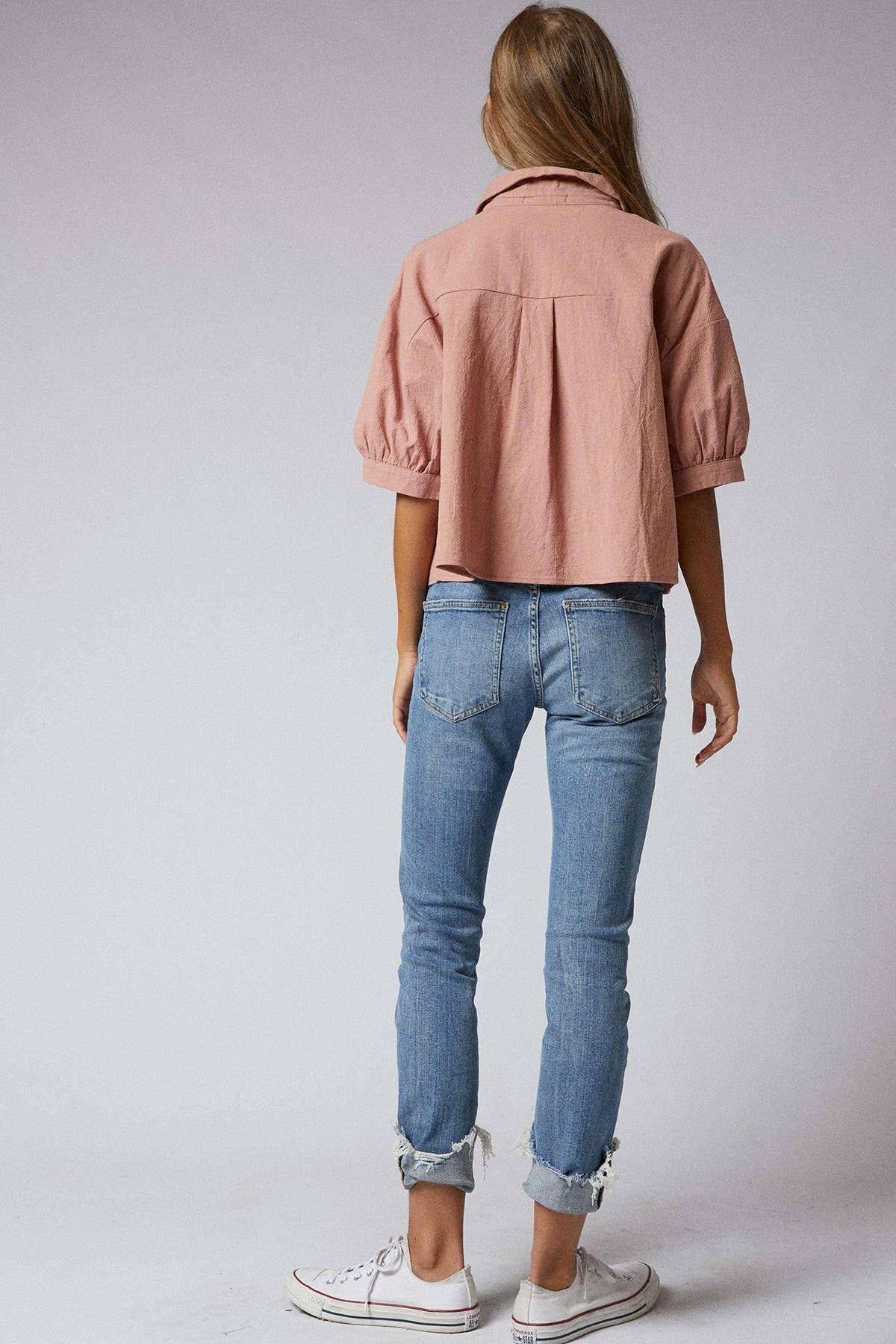 Elbow Sleeves Button Down 2 Pocket Crop Shirt
