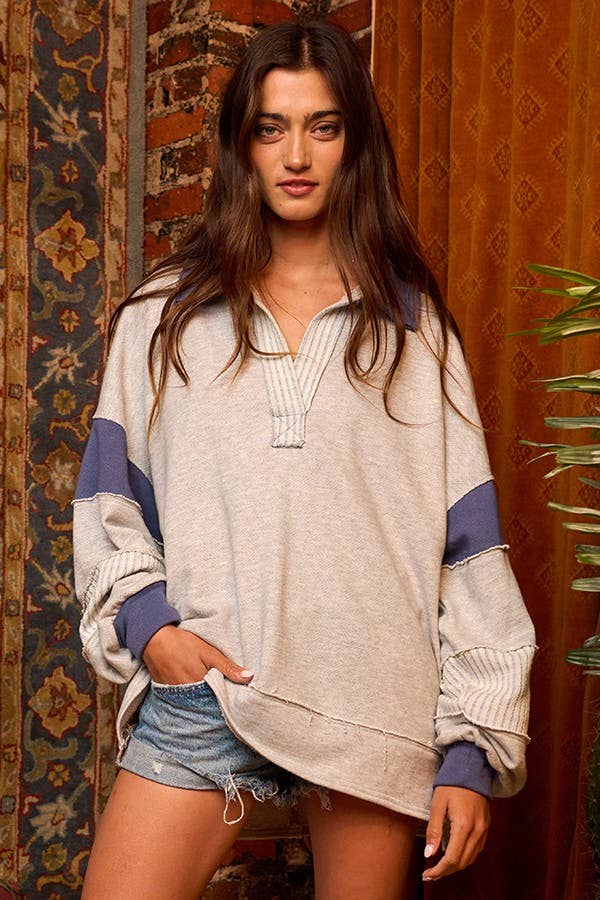Clean Prep Pullover - Knit Color-block Collared Loose Fit Top