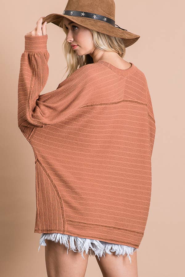 Textured  Bold Stripe Boxy Top: BROWN