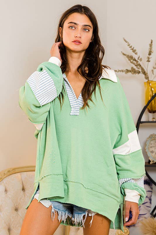 Clean Prep Pullover - Knit Color-block Collared Loose Fit Top