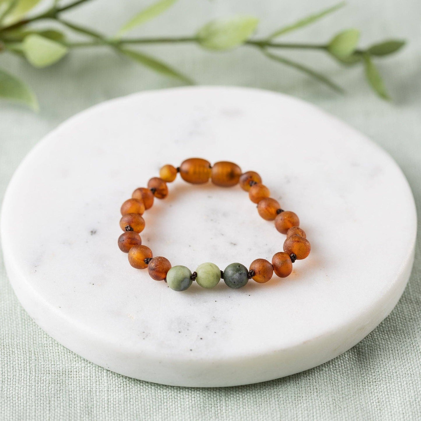 Green Jade + Raw Cognac Amber Bracelet