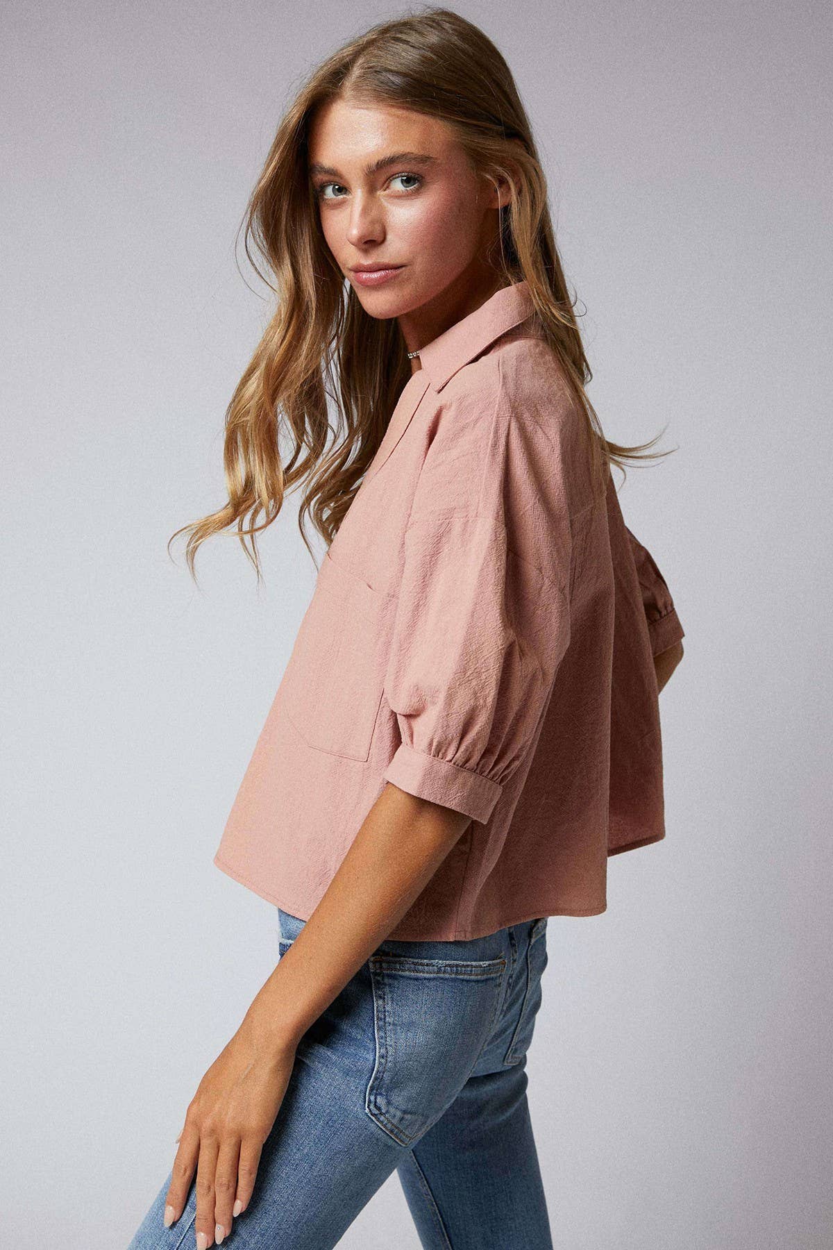 Elbow Sleeves Button Down 2 Pocket Crop Shirt
