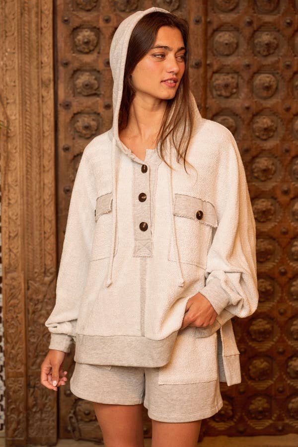 Button Up French Terry Knit Hoodie With Tunnel Hem: CREAM