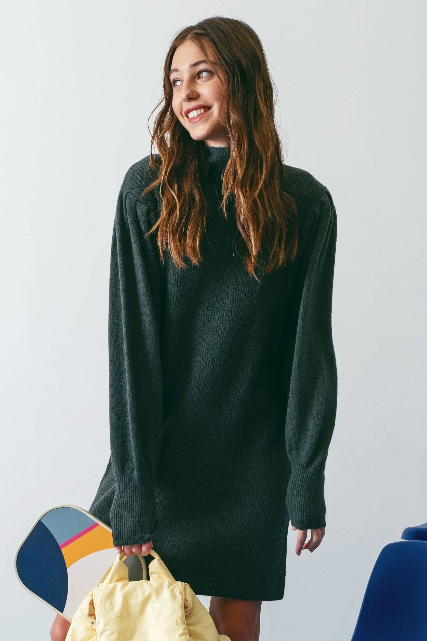 MOCK NECK LONG PUFF SLEEVE KNIT SWEATER DRESS MOCK NECK LONG PUFF SLEEVE KNIT SWEATER DRESS
