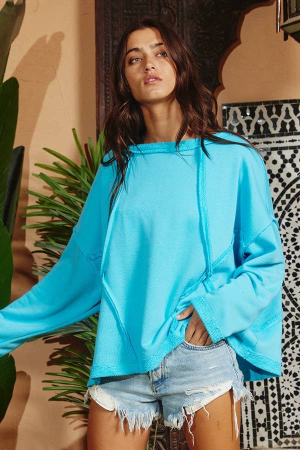 Oversized Solid Raw Edge Detail Long Sleeves Top CHARCOAL