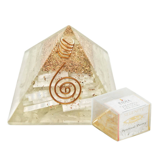 Selenite Orgonite Crystal Pyramid with Copper 60mm