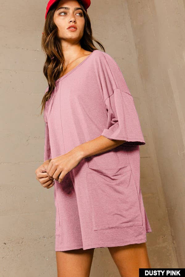 R5388 Crew Neckline V-back Oversized Solid Romper