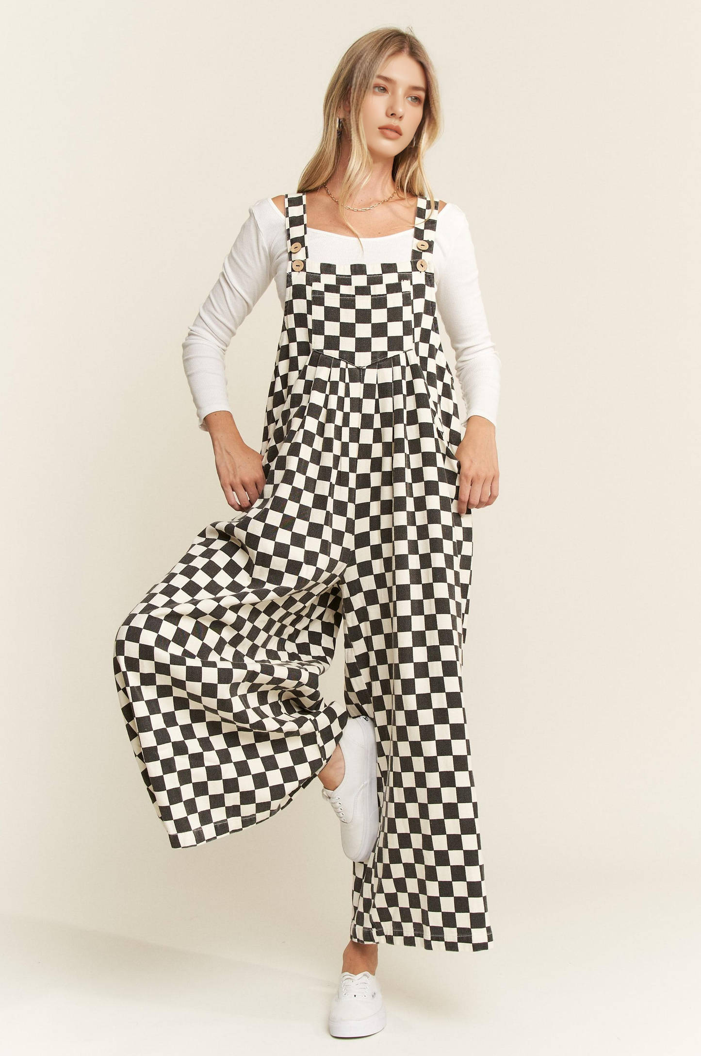 Checkered Denim Wide Leg Overall SI-28638