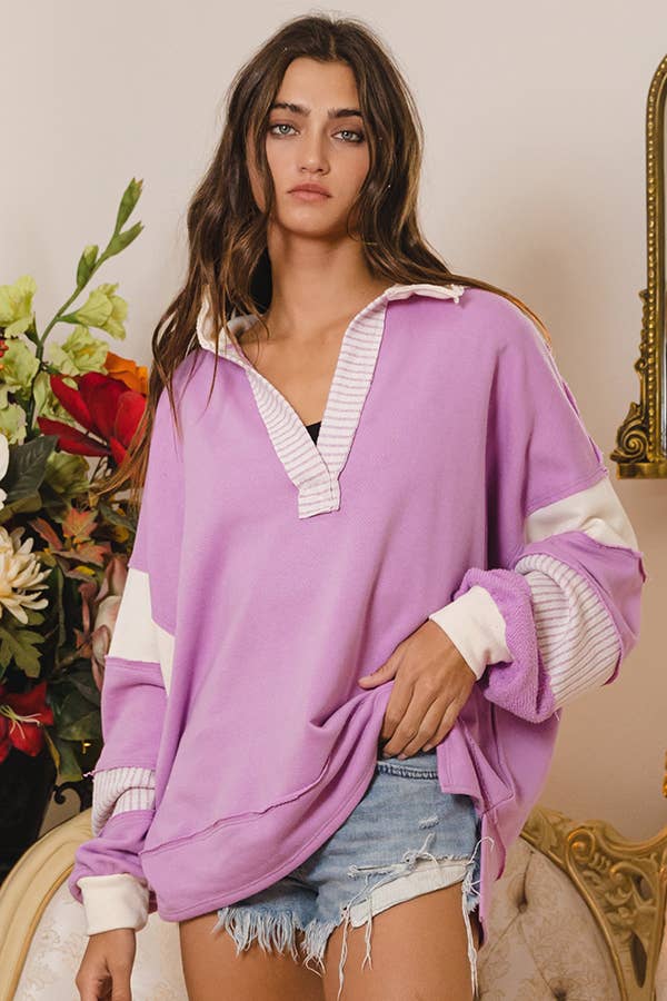 Clean Prep Pullover - Knit Color-block Collared Loose Fit Top