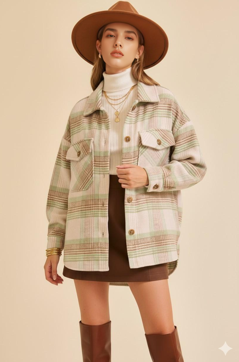 Plaid print shacket Sage/Taupe