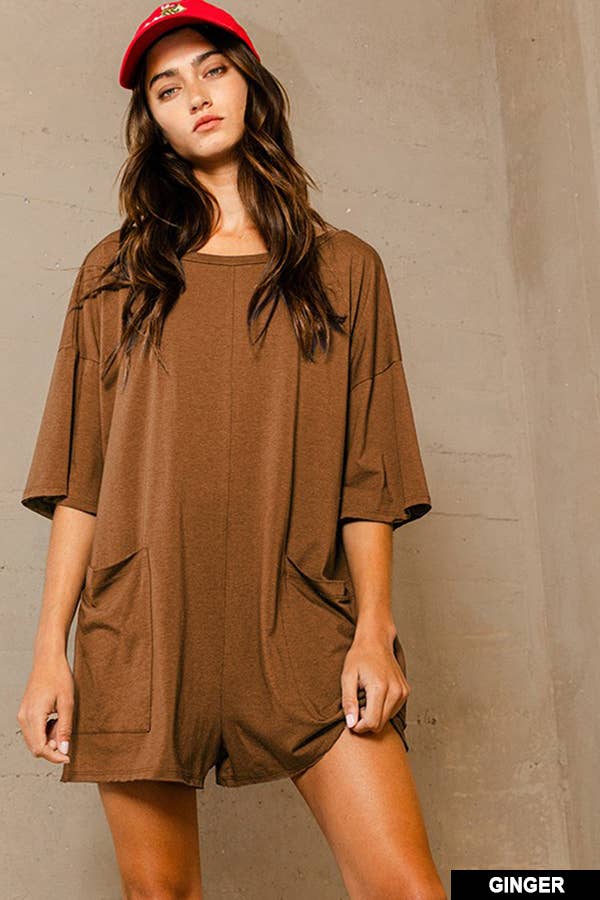 R5388 Crew Neckline V-back Oversized Solid Romper