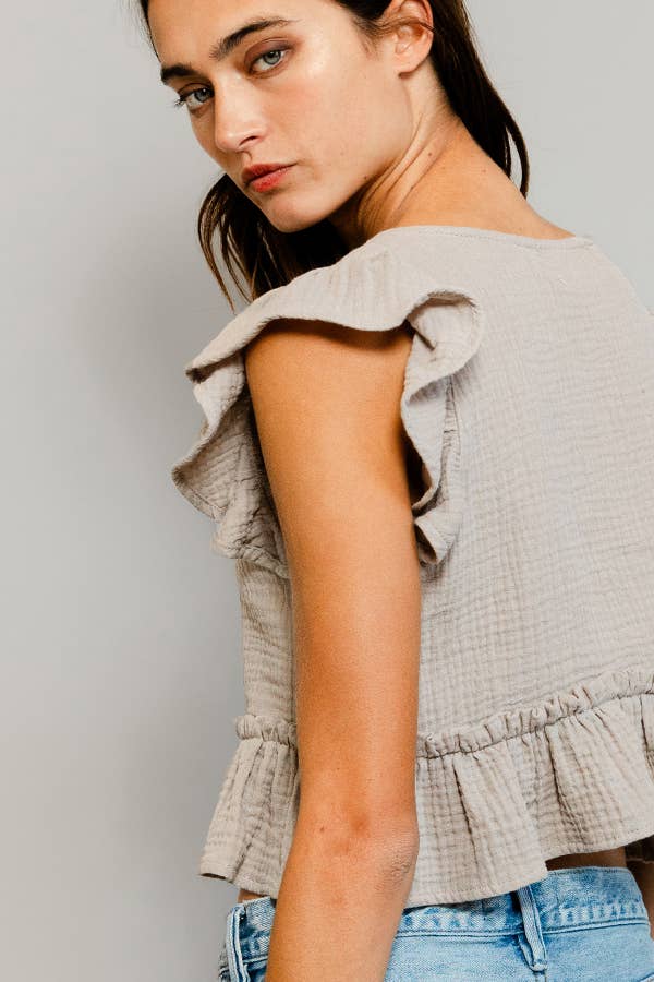Cotton gauze Peplum Blouse Crop Top: TAUPE