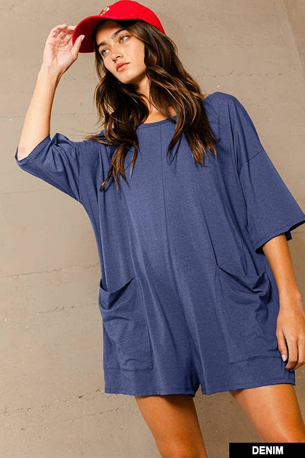 R5388 Crew Neckline V-back Oversized Solid Romper
