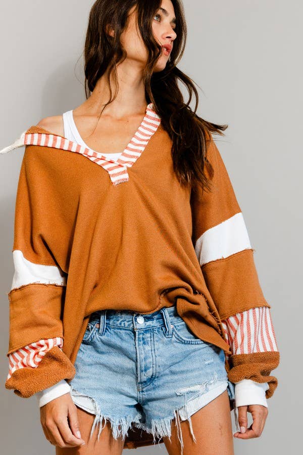 Clean Prep Pullover - Knit Color-block Collared Loose Fit Top