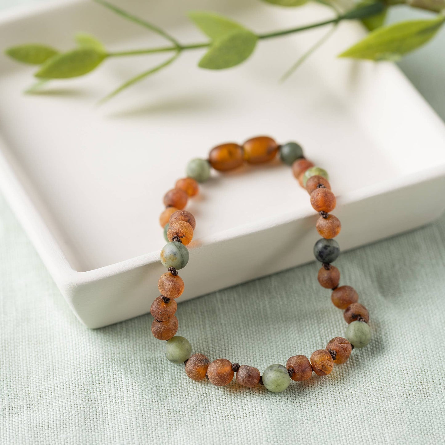 Adults | Green Jade + Raw Cognac Amber Anklet- 9.5β