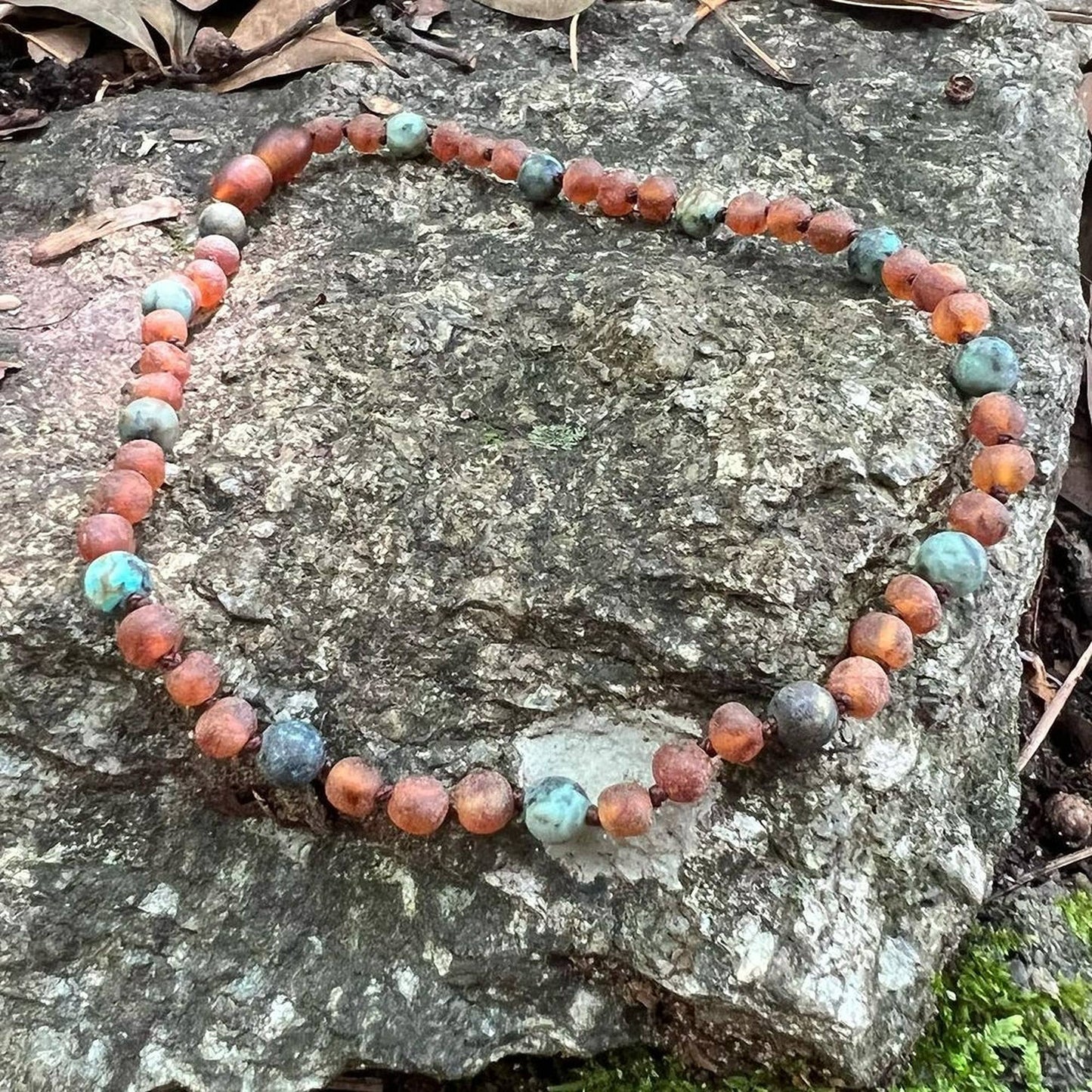 Adults | Green Jade + Raw Cognac Amber Anklet- 9.5β