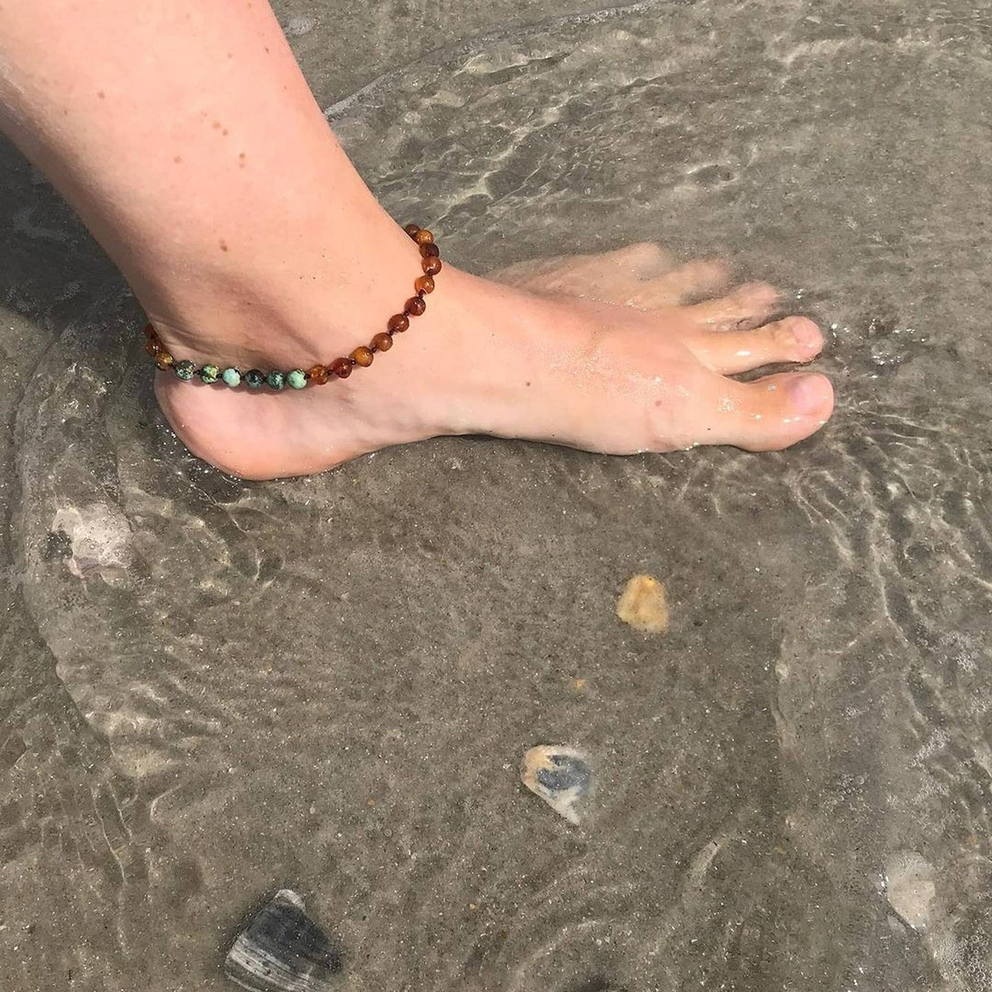 Adults | Green Jade + Raw Cognac Amber Anklet- 9.5β