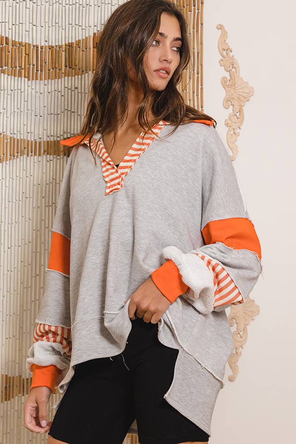 Clean Prep Pullover - Knit Color-block Collared Loose Fit Top