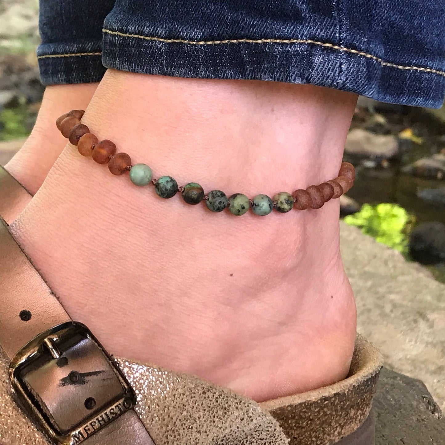 Adults | Green Jade + Raw Cognac Amber Anklet- 9.5β