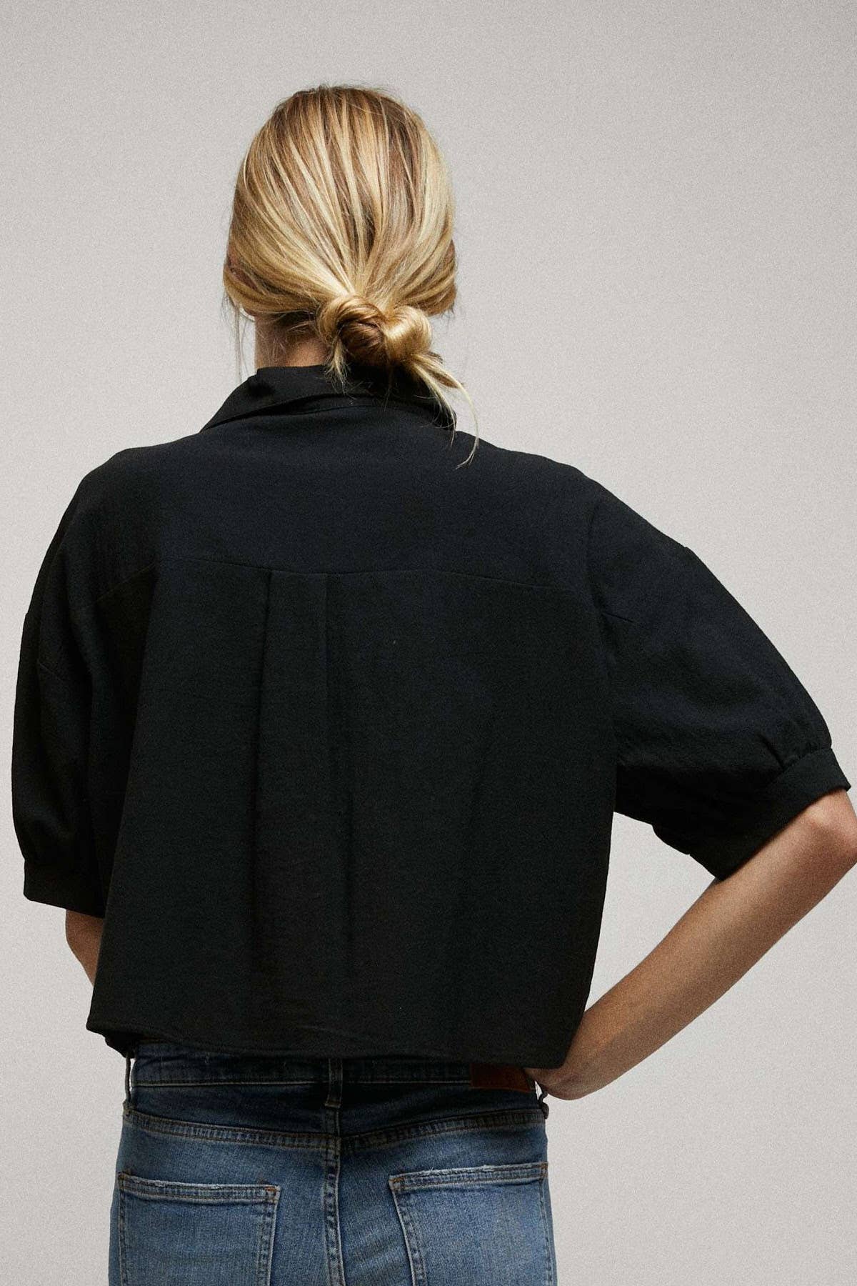 Elbow Sleeves Button Down 2 Pocket Crop Shirt