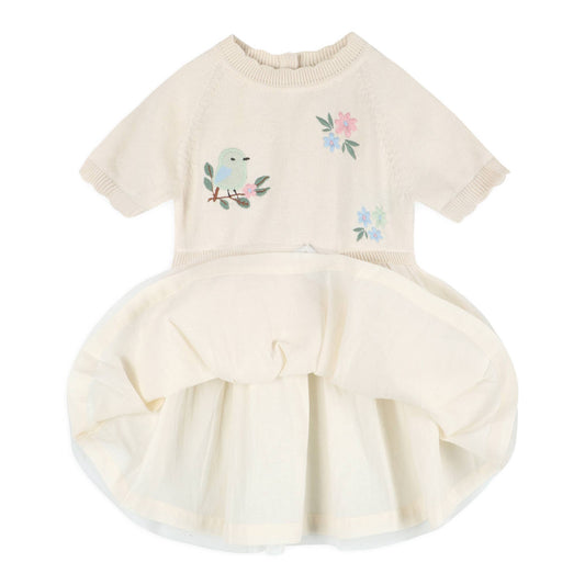 Bird Floral Embroidered Tutu Knit Baby Dress (Organic)