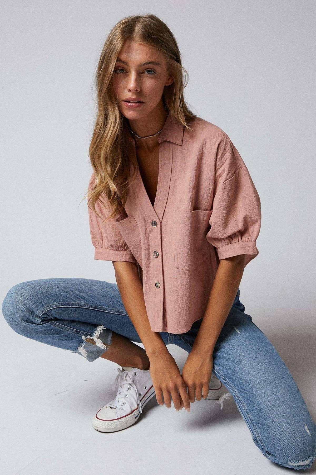 Elbow Sleeves Button Down 2 Pocket Crop Shirt