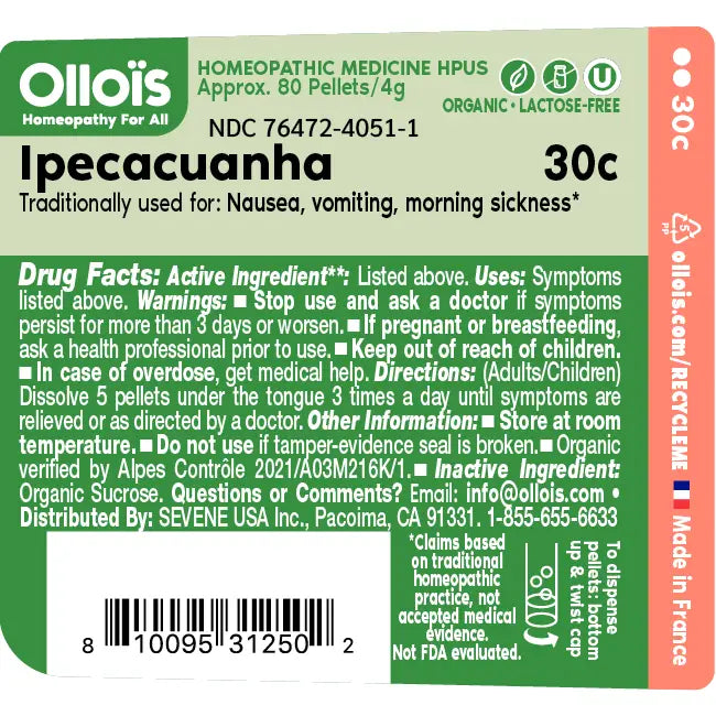 Olloïs Ipecacuanha 30c Organic & Lactose-Free Pellets, 80ct