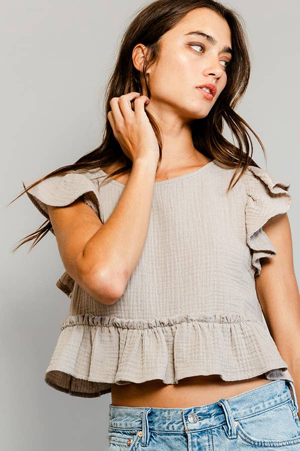 Cotton gauze Peplum Blouse Crop Top: TAUPE