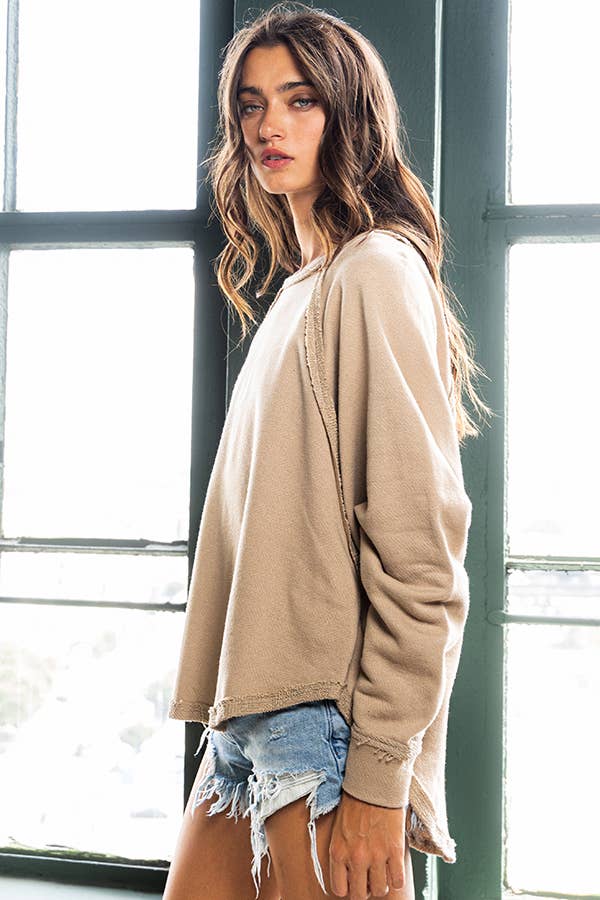 French Terry Round Hem Detailed Loose Fit Top TAUPE