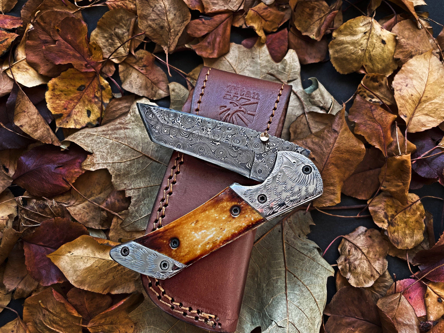 Titan American Eagle - Raindrop Damascus Burnt Bone Pocket U