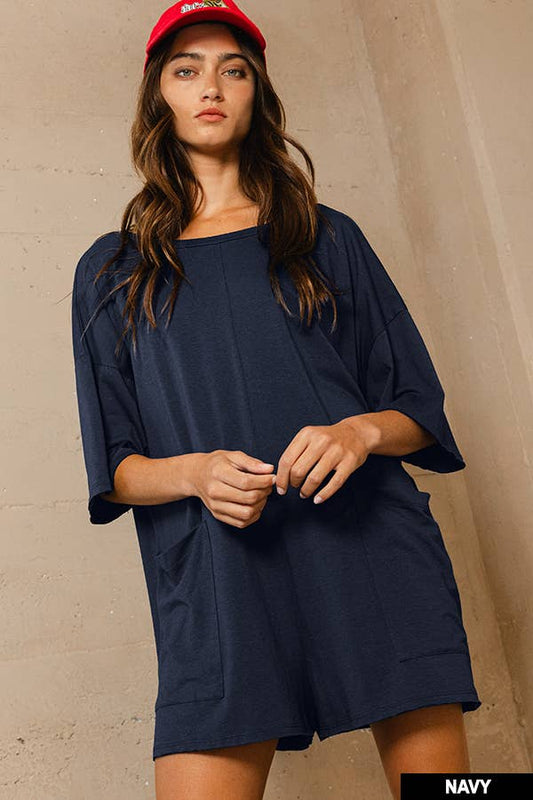 R5388 Crew Neckline V-back Oversized Solid Romper