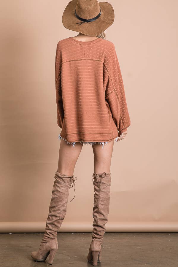 Textured  Bold Stripe Boxy Top: BROWN