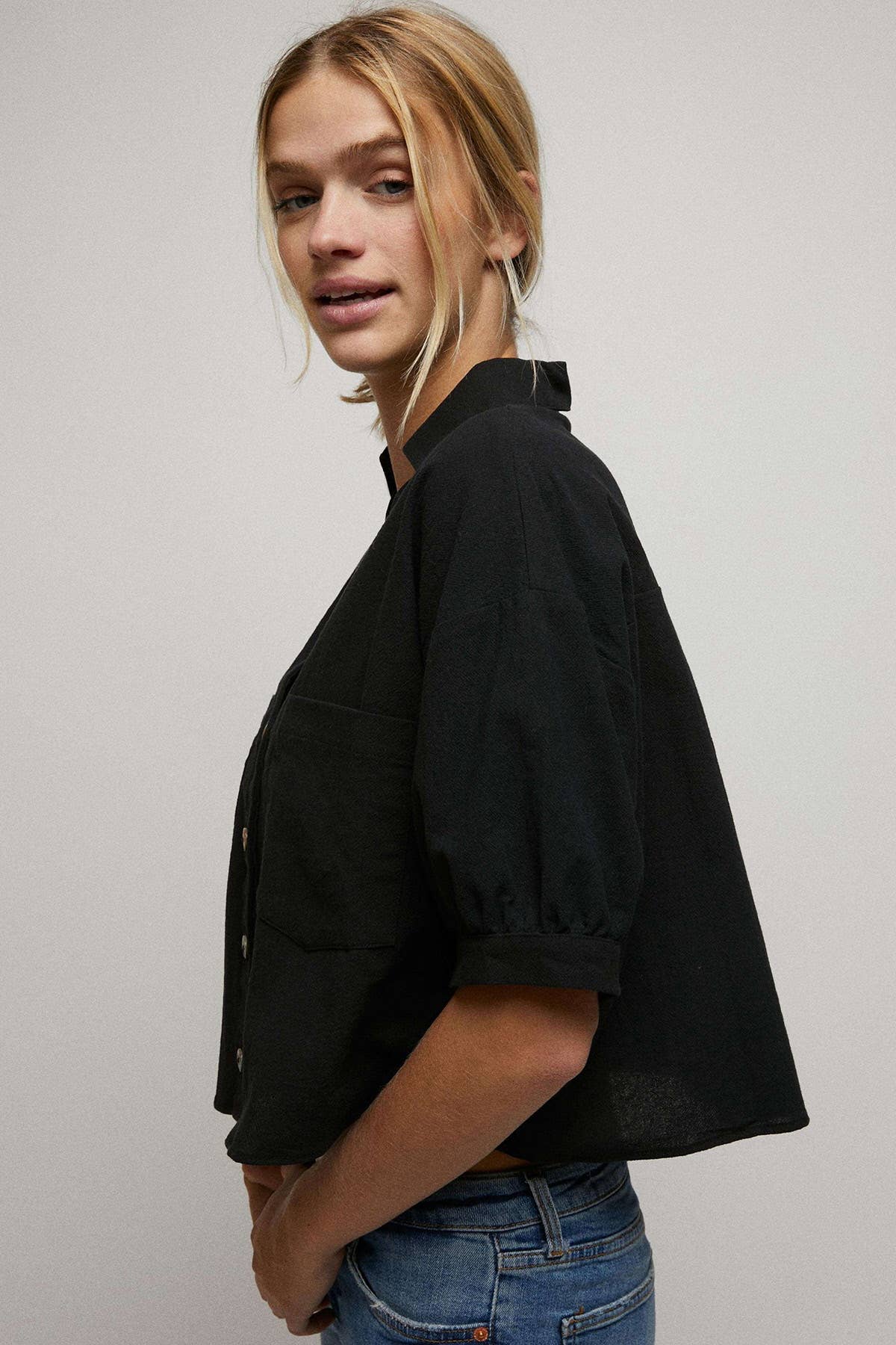 Elbow Sleeves Button Down 2 Pocket Crop Shirt