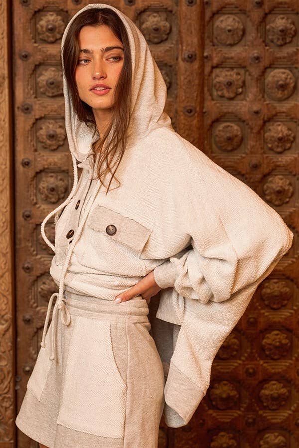 Button Up French Terry Knit Hoodie With Tunnel Hem: CREAM
