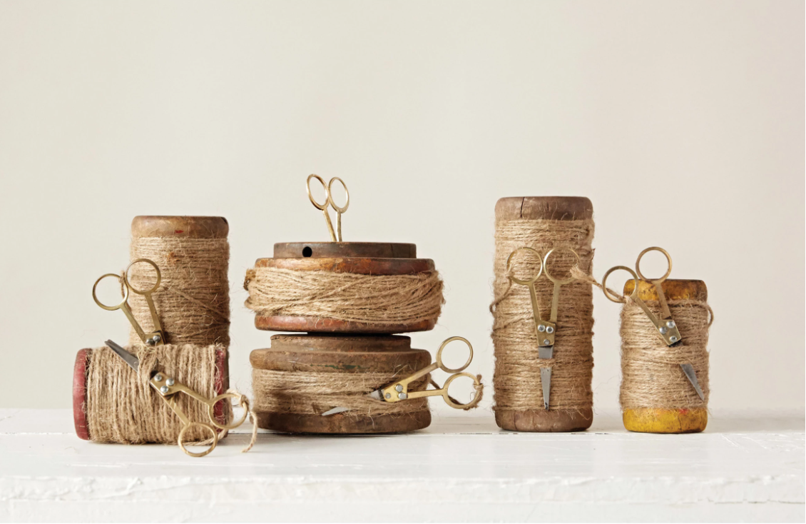 Found Wooden Spools with Jute and Scissors