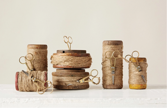 Found Wooden Spools with Jute and Scissors