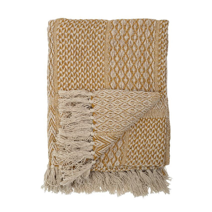 Bloomingville Yellow Knit Fringe Pattern Cotton Blend Throw