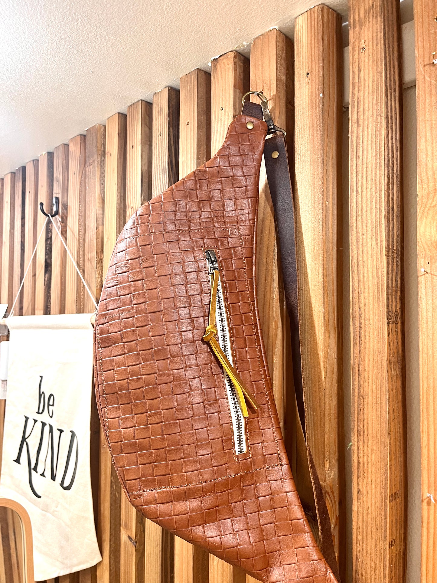 Brown Hatch Leather Crossbody - Handmade