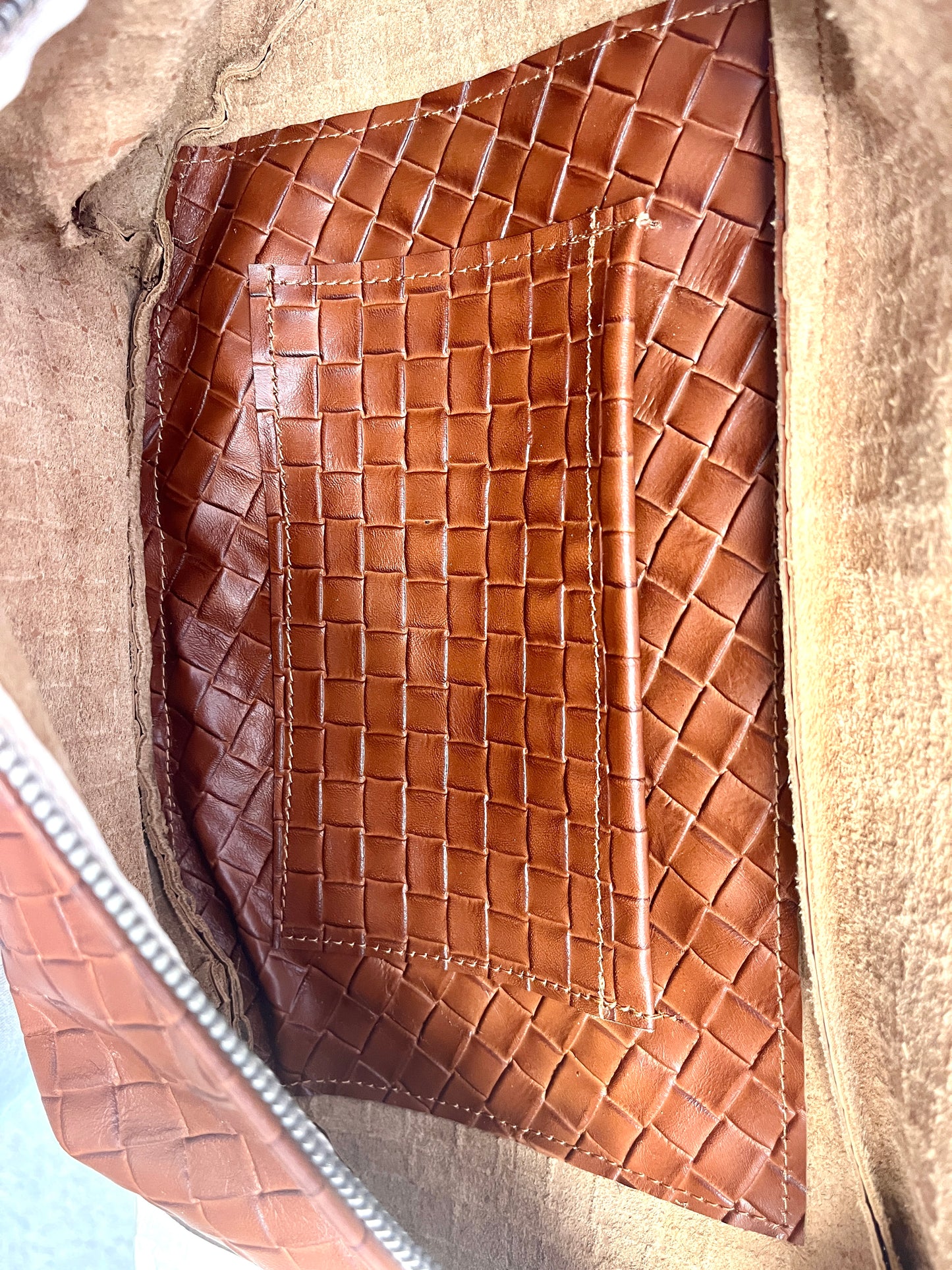 Brown Hatch Leather Crossbody - Handmade