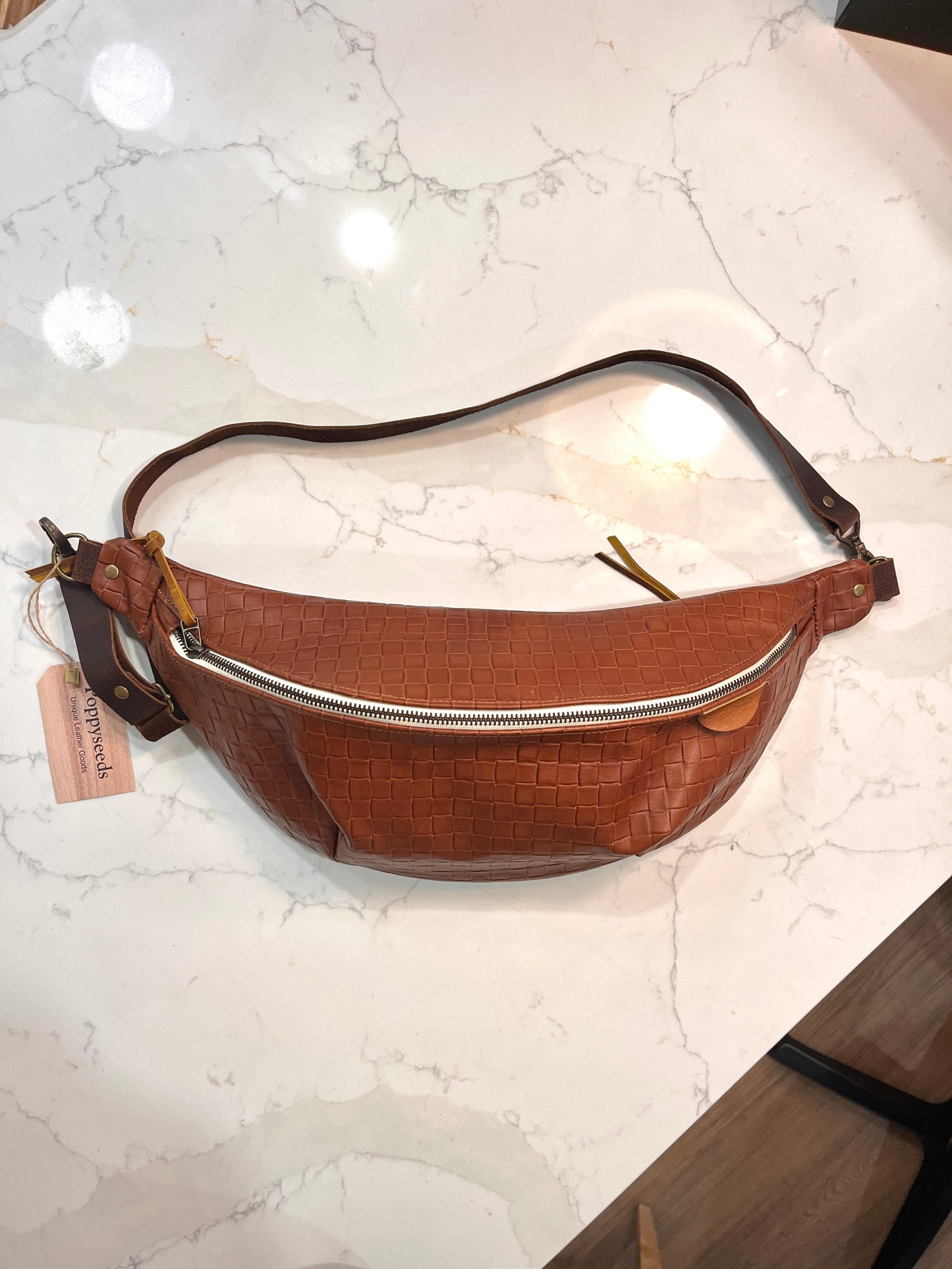 Brown Hatch Leather Crossbody - Handmade