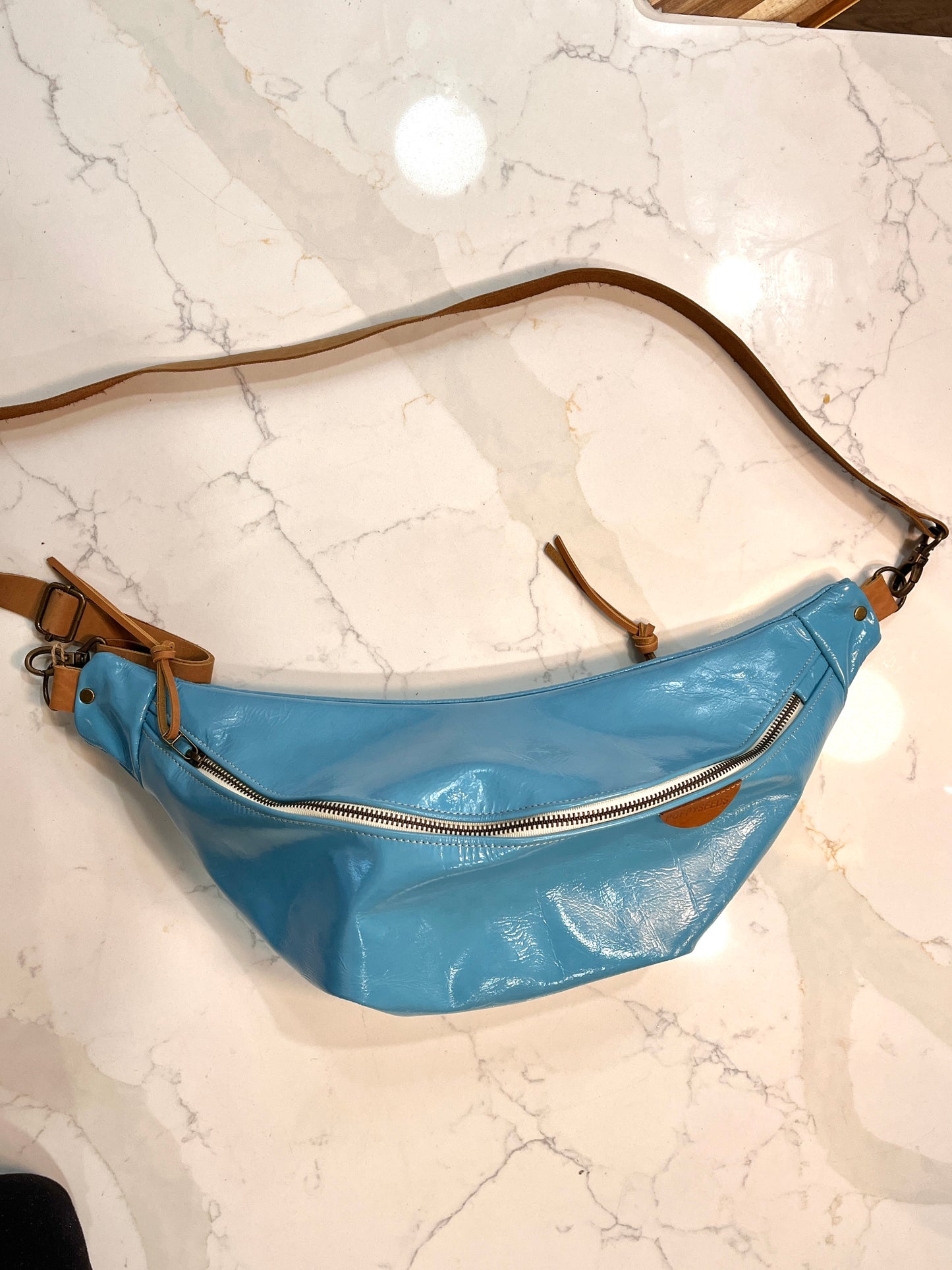 Sky Blue Leather Crossbody - Large