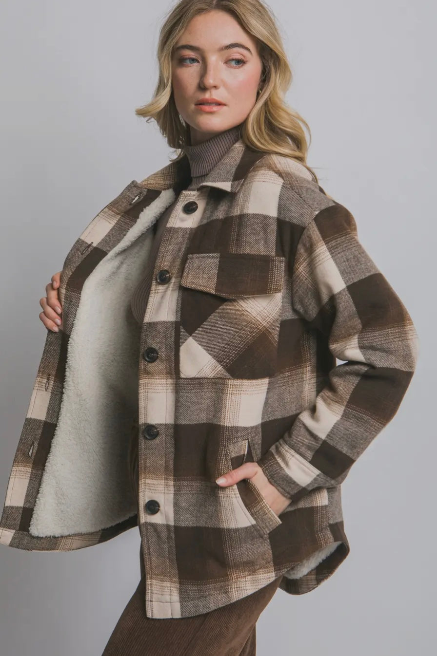 FAUX FUR BRUSHED PLAID JACKET W/ POCKET