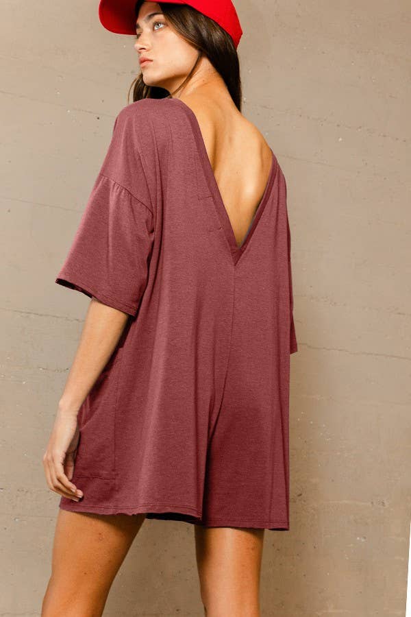 R5388 Crew Neckline V-back Oversized Solid Romper