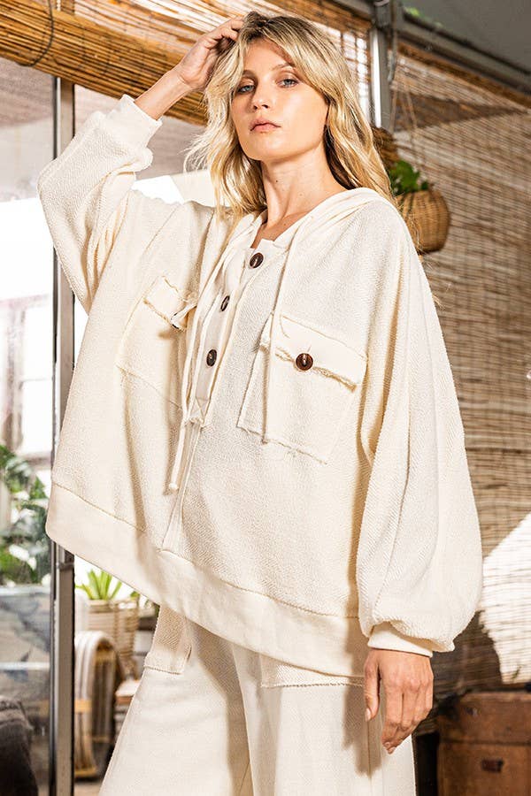 Button Up French Terry Knit Hoodie With Tunnel Hem: CREAM