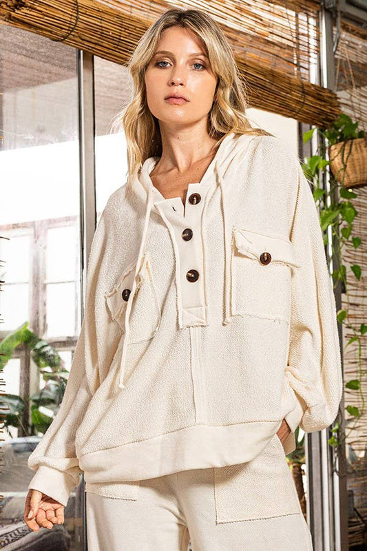 Button Up French Terry Knit Hoodie With Tunnel Hem HEATHER GREY