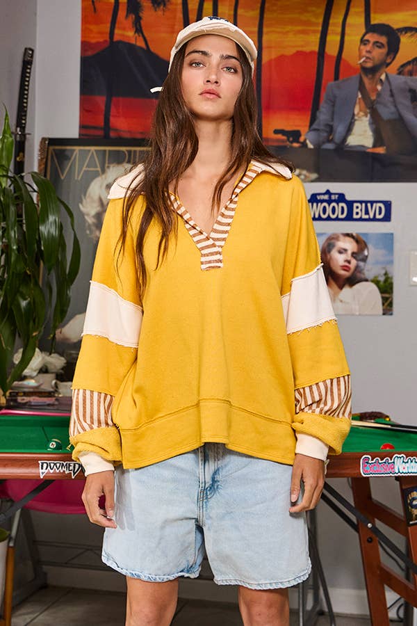 Clean Prep Pullover - Knit Color-block Collared Loose Fit Top