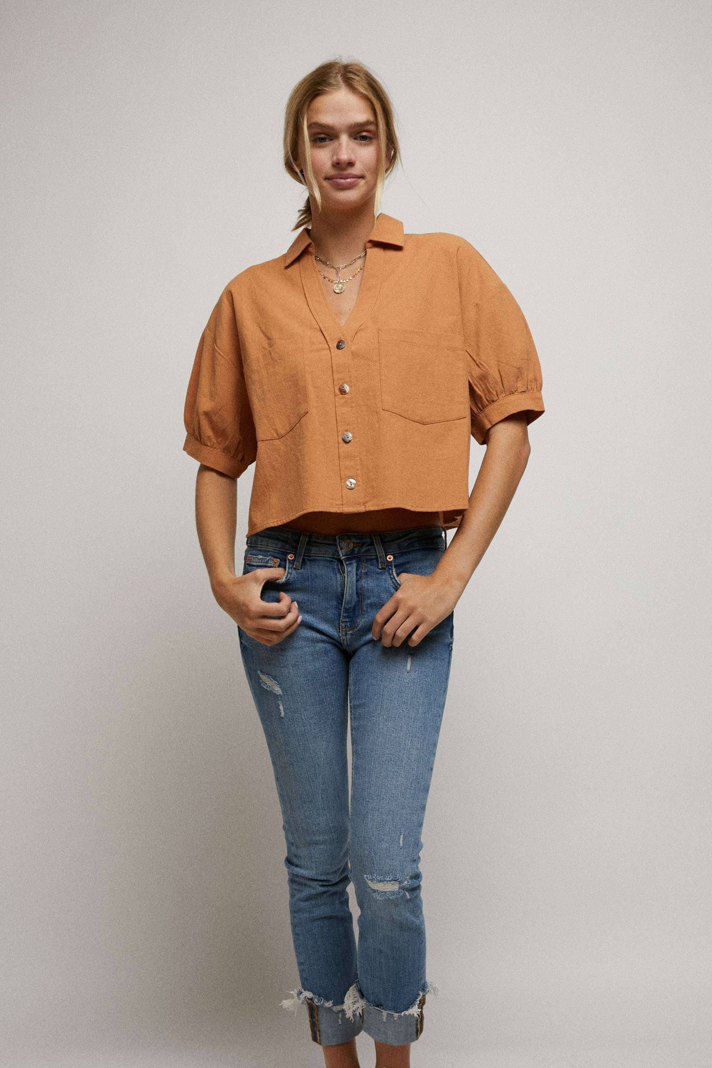Elbow Sleeves Button Down 2 Pocket Crop Shirt