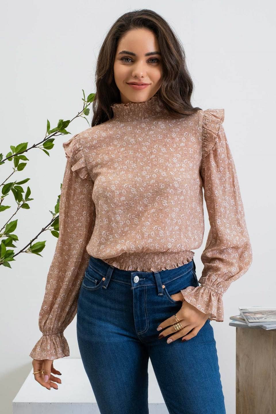 FLORAL SMOCKED TURTLENECK TOP: SAGE