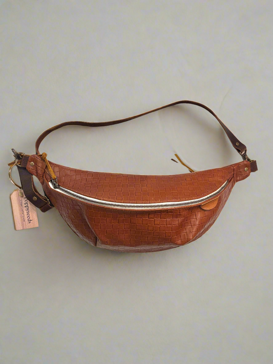 Brown Hatch Leather Crossbody - Handmade