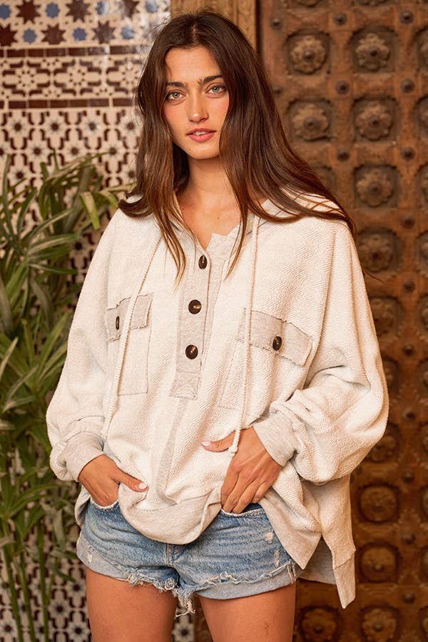 Button Up French Terry Knit Hoodie With Tunnel Hem: CREAM